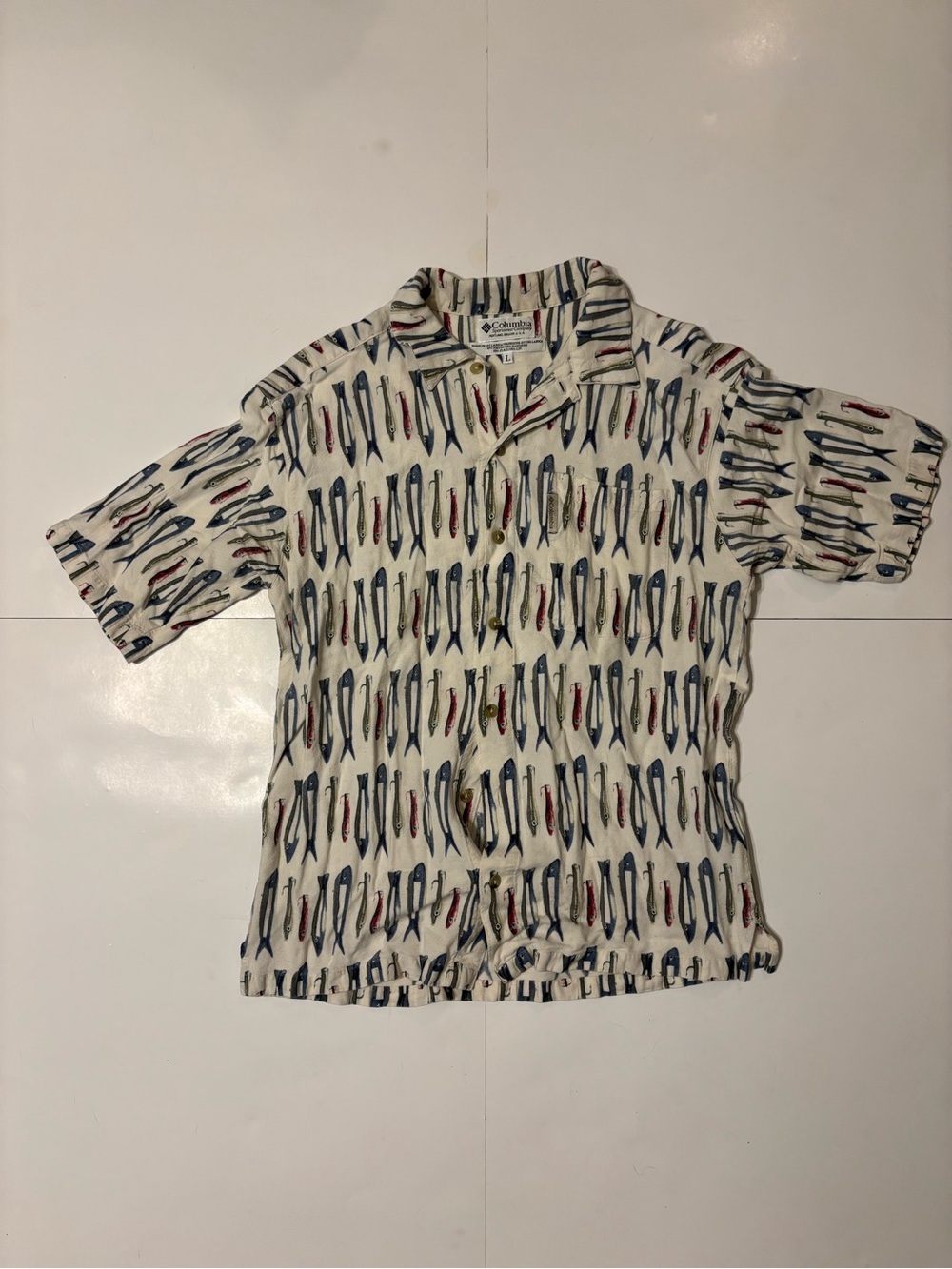 Columbia White Short-Sleeve Button-Down with Navy & Red Fish Print